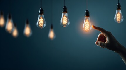 Human finger touching a glowing incandescent bulb among several unlit ones against a dark background