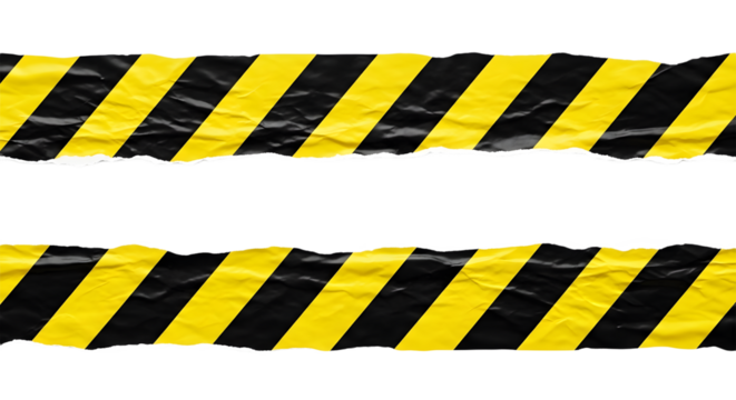 Two strips of wrinkled yellow and black striped caution tape for restricted areas. Isolated on transparent background, png�