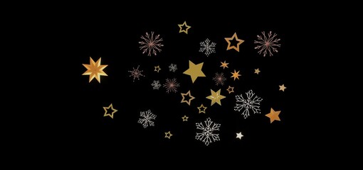 Beautiful winter design with golden stars and snowflakes on a black background. Perfect for holidays.