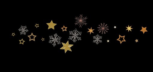 Festive winter design with gold stars, snowflakes, and fireworks. Perfect for holiday cards, websites, and more!