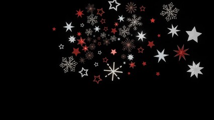 Festive background with red and white stars and snowflakes on a black background. Perfect for Christmas, winter, or holiday designs.