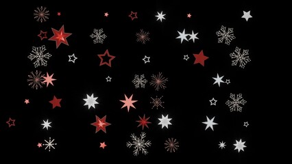 Festive winter background with red and white stars and snowflakes on a black background. Perfect for Christmas cards, invitations, and more.