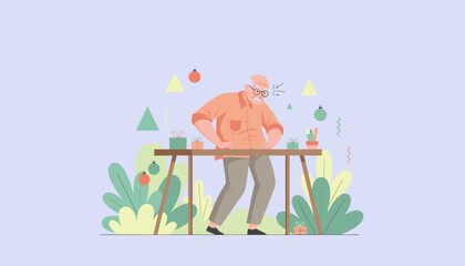 Frustrated senior man struggling with stress while preparing holiday gifts Flat vector illustration