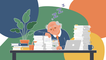 Exhausted senior employee asleep on mountains of office paperwork illustrating burnout and stress