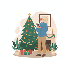 Elderly man uses phone by decorated Christmas tree holiday season technology and communication