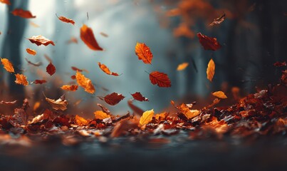 Close Up of Floating Autumn Leaves against a Blurred Forest Background with Selective Focus and Warm Tones
