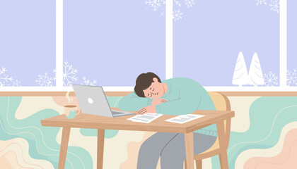 Burnout Man sleeping at desk with laptop by window on a cold winter day