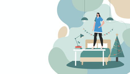 Woman stands on a desk in a cozy room decorated for Christmas holidays Minimalist illustration