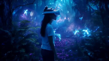 A vivid, ethereal digital artwork featuring a woman immersed in a magical forest setting. The woman is wearing a virtual reality headset, suggesting a connection to the universe. - Powered by Adobe
