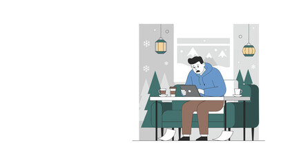Stressed man works remotely on a tablet inside a cozy cafe during a snowy winter day