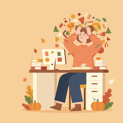 Woman suffering burnout and information overload at her desk symbolizing mental health stress
