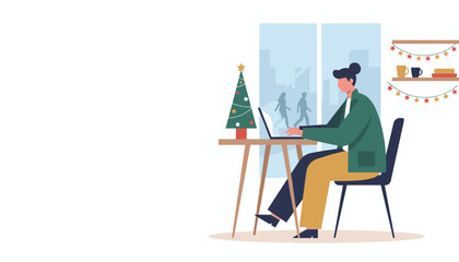Professional working remotely on a laptop in a festive decorated office during the holiday season