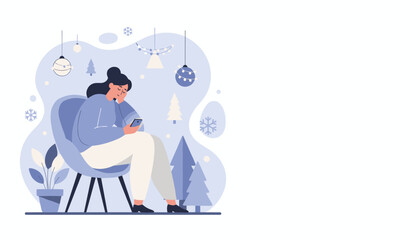 Illustration of a cozy woman texting on her phone amidst winter holiday decorations