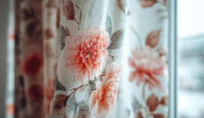 Close Up of Floral Patterned Curtain with Red and Pink Blooms in Soft Focus