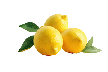 Three bright yellow lemons with green leaves on black background citrus fruit, Isolated On Transparent Background, Png Cut Out