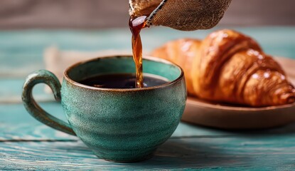 Close Up View of Coffee Poured into Turquoise Cup with Croissant on Wooden Plate