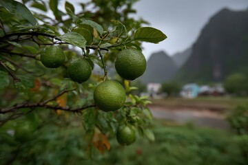 Close Up Of Green Fruit With Water Droplets On Branch Against Mountainous Landscape In Daytime