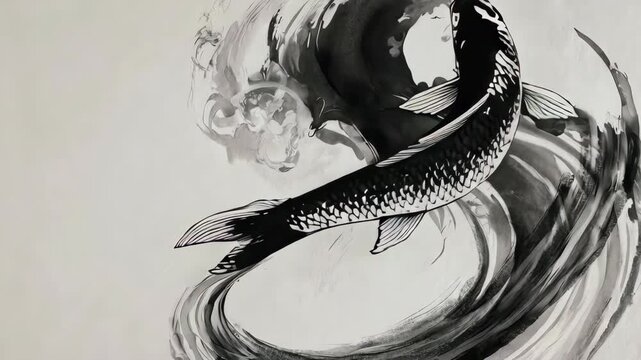 Black ink koi swims through wave. Abstract, flowing, serene image
