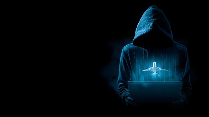 Anonymous figure wearing a hooded sweatshirt manipulates digital aircraft data on a portable computer screen