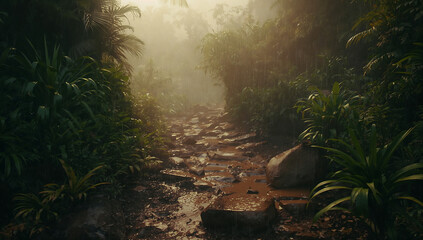 Fototapeta premium Journey along a damp and muddy trail deep within a mysterious, fog-shrouded tropical rainforest