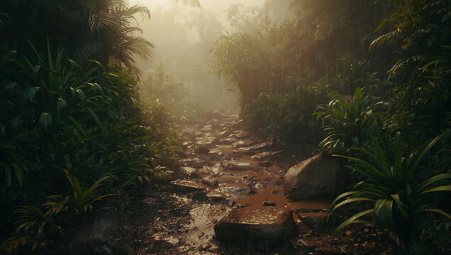 Journey along a damp and muddy trail deep within a mysterious, fog-shrouded tropical rainforest