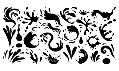 A collection of various stylized black ink splashes, droplets, and liquid forms, creating a dynamic and abstract design element set.
