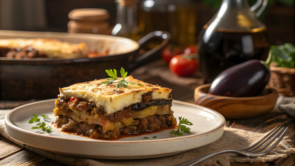 Plate of Greek Moussaka with Golden Layers Served on a Plate