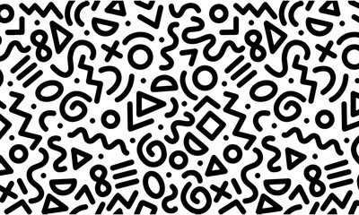 Black and white abstract pattern featuring geometric shapes and squiggles scattered across a white background.