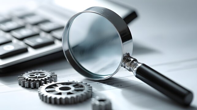 Magnifying glass rests near metal gears and calculator keys on a bright surface