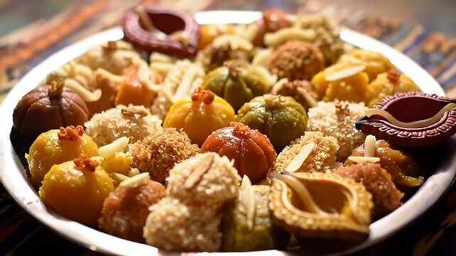Assortment of traditional Indian sweets and diyas for festive celebrations.