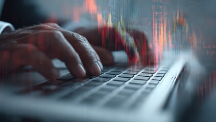 Close-Up Of Hands Typing On Laptop Keyboard Overlaid With Financial Data Visualization