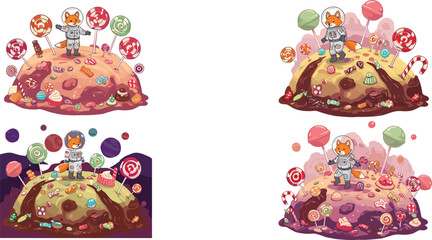 Astronaut fox on candy planet, space exploration fantasy artwork, whimsical animal illustration, cosmic adventure design, colorful outer space character concept set