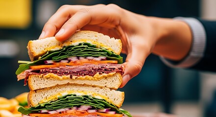Dynamic Lifestyle Shot: Hand Reaching for a Gourmet Sandwich