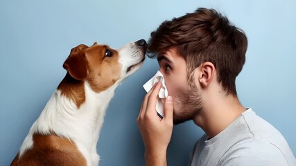 Allergy. man sneezing with tissue against blue backgroundJack Russell Terrier dog with white and brown coat looking upwards.