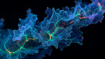 Microscopic view of an unknown biological form, highly stylized with bioluminescent veins and intricate internal patterns.