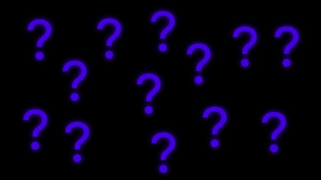 A scattered arrangement of vibrant purple question marks with a luminous aura on a black backdrop punctuation