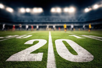 American Football Field View From The Ground With Number Twenty White Lines Marking And Blurred Stadium Crowd Background