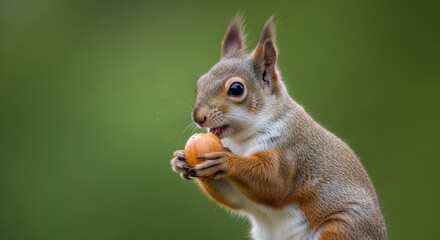 Adorable red squirrel portrait savoring a nut in lush greenery backdrop
