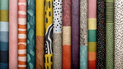 Assorted Colorful Patterned Rolls Abstract Background Featuring Different Geometric Designs and Textures with Varied Color Palettes Composition Wallpaper Material