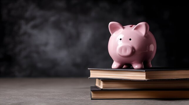 Pink ceramic savings container rests atop a stack of academic texts against a dark background