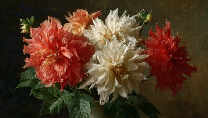 Close Up View of Colorful Dahlia Flowers in Various Hues with Green Leaves on Dark Background