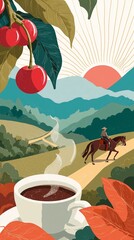 Coffee farm landscape: cowboy, horse, red cherries, mountains, steaming cup
