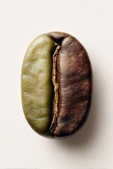 Single coffee bean, half green unroasted, half dark roasted, macro studio shot