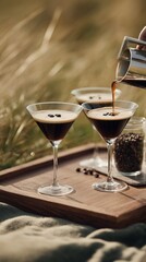 Pouring espresso martini cocktail in martini glass on wooden tray outdoor