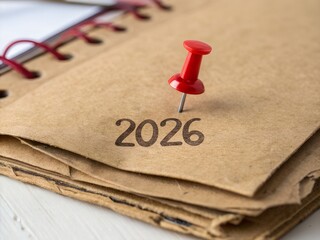 Red pushpin marking the year 2026 on a kraft paper notebook page symbolizing future planning and goals