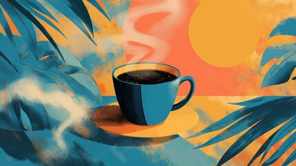 Steaming coffee cup surrounded by tropical leaves, flat abstract art