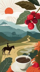 Illustrated coffee landscape with rider, mountain, ripe cherries, and steaming cup
