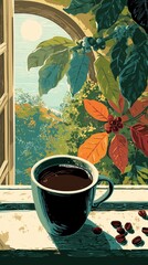 Coffee mug on sill, vibrant coffee plant, sunny window, vector art style