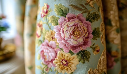 Close Up View of Decorative Floral Pattern Fabric in Soft Hues