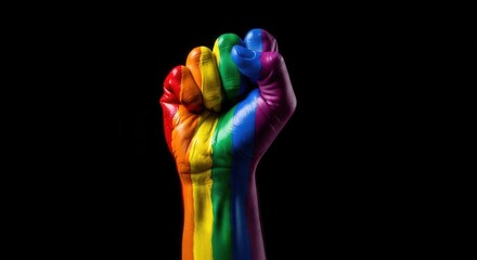 Rainbow painted fist demonstrating power for pride and a vibrant human rights movement